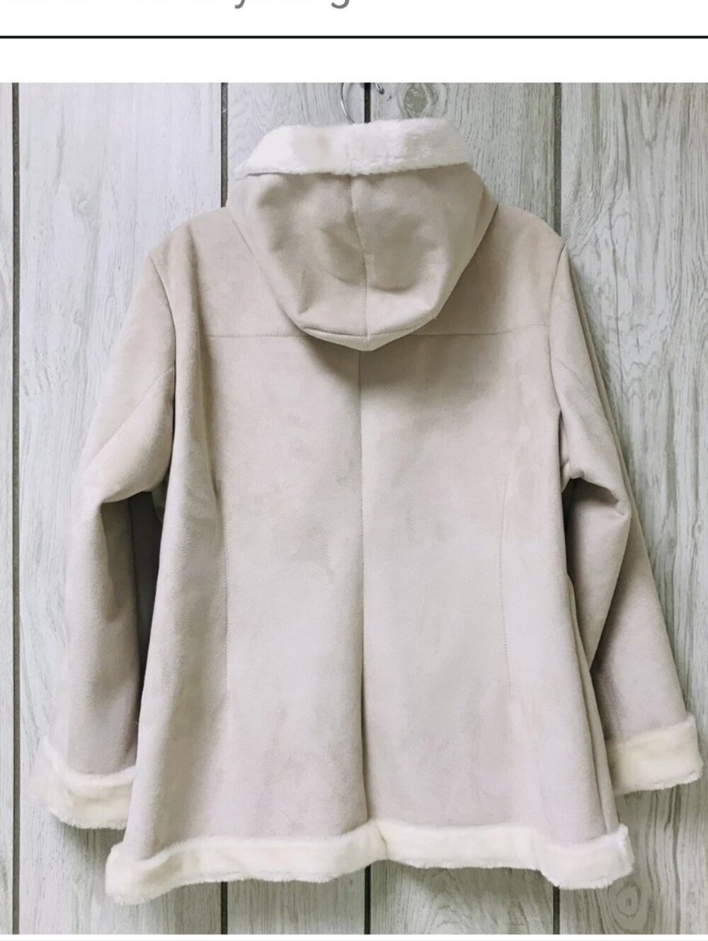 Fleet Street Cream Hooded Faux Suede Coat with Faux Fur Trim